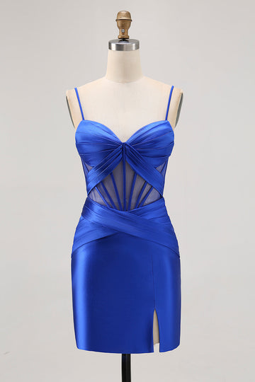 Royal Blue Sheer Corset Satin Tight Homecoming Dress with Slit